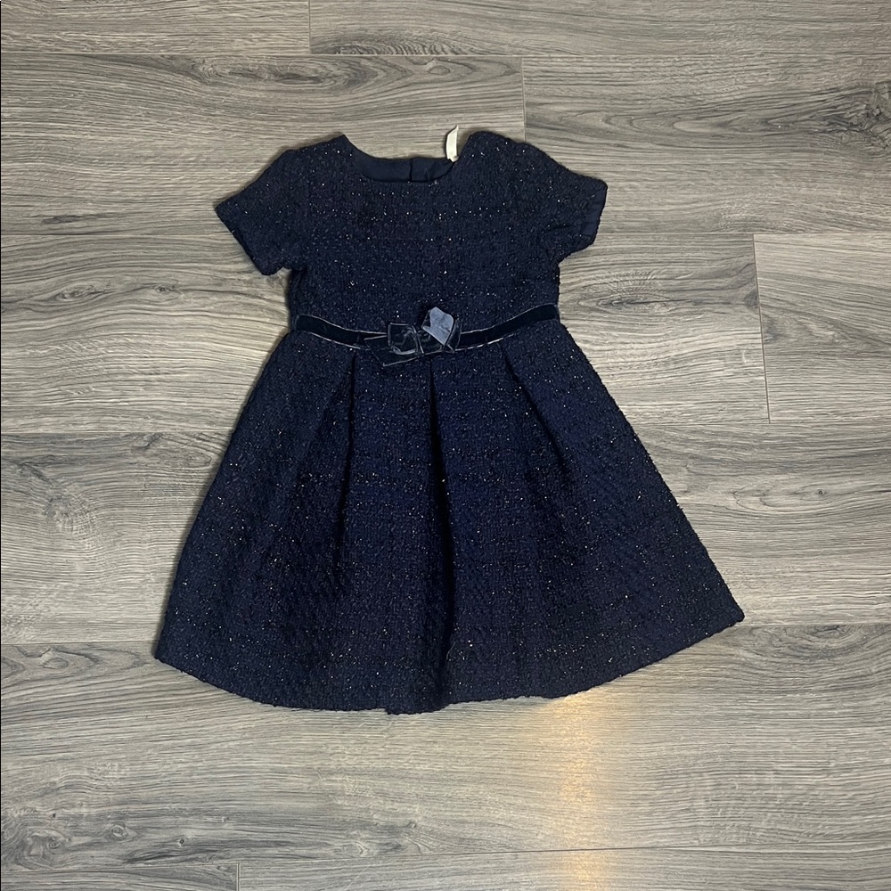 Girls Tweed Navy Sparkle Party Dress with Velvet Bow